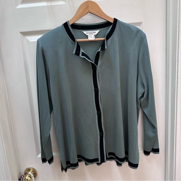 Exclusively Misook Seafoam Green Black Trim Button Up Cardigan Size L - Picture 1 of 6